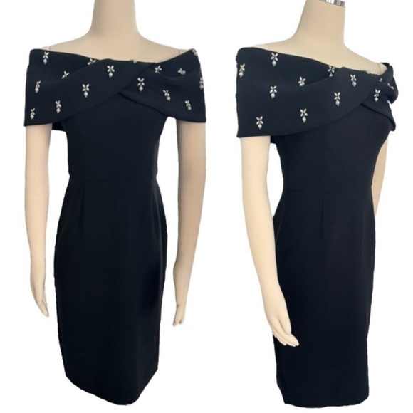 Rickie Freeman For Teri Jon Off-Shoulder Jewel-Embellished Crepe Midi Dress NEW - Picture 12 of 15